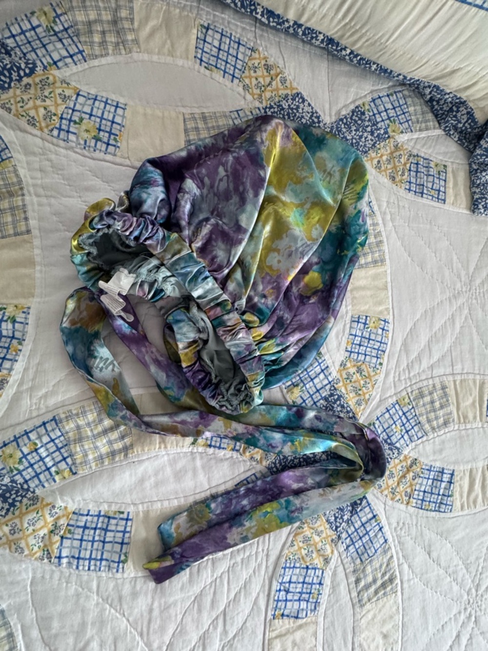 YITTY Purple Teal Yellow Satin Bonnet with Ties